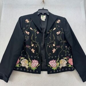 Kula Kala 100% Silk Floral Embroidered Beaded Black Blazer Jacket -‎ Size S